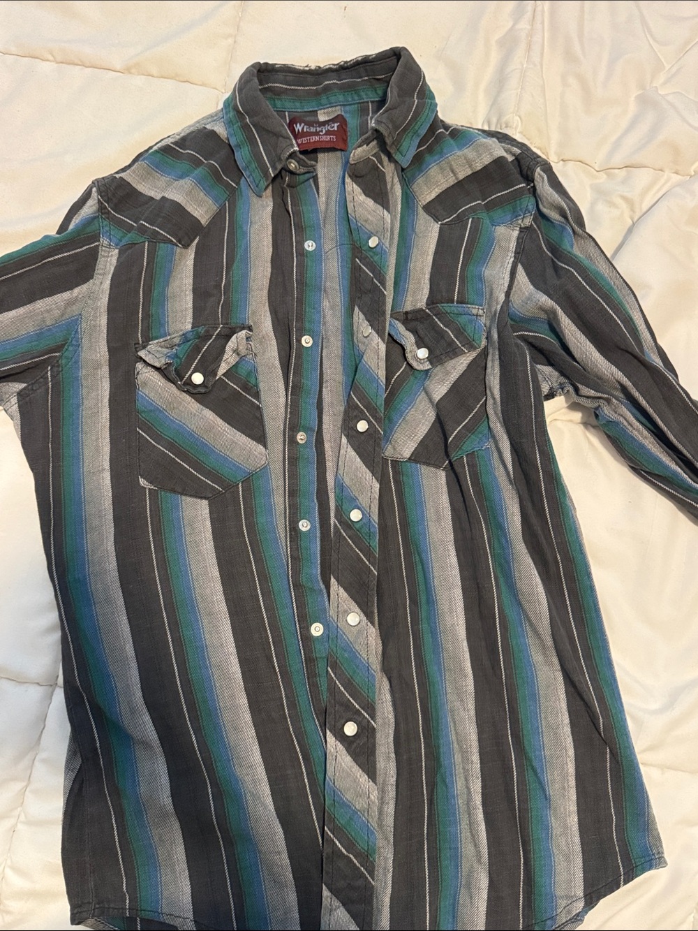 Wrangler Men’s Long-Sleeve Striped Button-Down in Gray, Teal & Blue